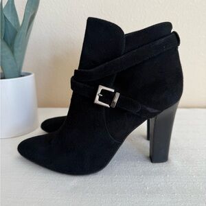 Barneys New York Black Suede Ankle Strap Heeled Booties Italy